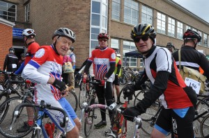 Mike Wood and Tim Revell with fellow Wrinkly, Hugh Gatenby, before the start of Beccles Cycle for Life